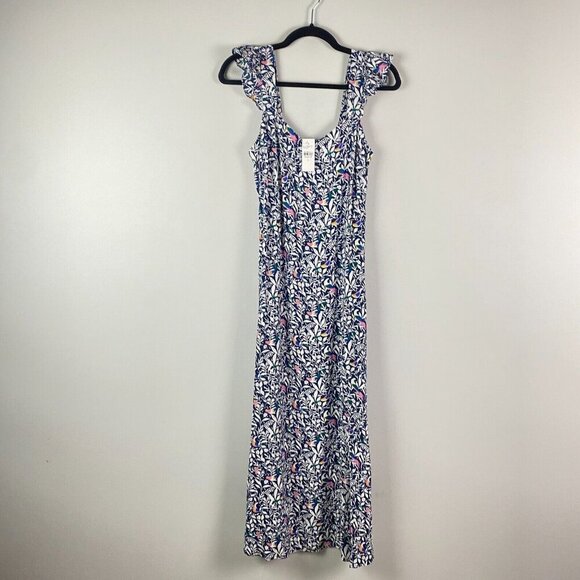 Loft Sleeveless Blue Floral Bird Print Ruffle Strap Midi Dress Size 2 - Picture 1 of 11